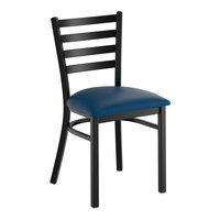 Lancaster Table & Seating Black Finish Ladder Back Chair with 2 1/2" Navy Vinyl Padded Seat - Assembled