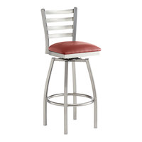 Lancaster Table & Seating Clear Coat Finish Ladder Back Swivel Bar Stool with 2 1/2" Burgundy Vinyl Padded Seat