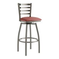 Lancaster Table & Seating Clear Coat Finish Ladder Back Swivel Bar Stool with 2 1/2" Burgundy Vinyl Padded Seat