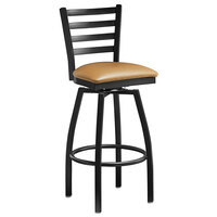 Lancaster Table & Seating Black Finish Ladder Back Swivel Bar Stool with 2 1/2" Light Brown Vinyl Padded Seat