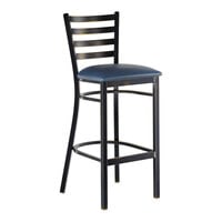 Lancaster Table & Seating Distressed Copper Finish Ladder Back Bar Stool with 2 1/2" Navy Blue Vinyl Padded Seat - Assembled