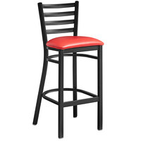 Lancaster Table & Seating Black Finish Ladder Back Bar Stool with 2 1/2" Red Vinyl Padded Seat - Assembled