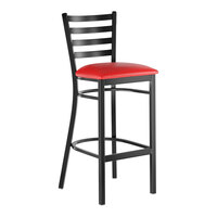 Lancaster Table & Seating Black Finish Ladder Back Bar Stool with 2 1/2" Red Vinyl Padded Seat - Assembled