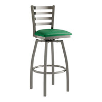 Lancaster Table & Seating Clear Coat Finish Ladder Back Swivel Bar Stool with 2 1/2" Green Vinyl Padded Seat