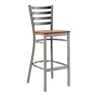 Lancaster Table & Seating Clear Coat Finish Ladder Back Bar Stool with Antique Walnut Wood Seat