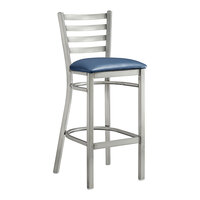 Lancaster Table & Seating Clear Coat Finish Ladder Back Bar Stool with 2 1/2" Navy Blue Vinyl Padded Seat