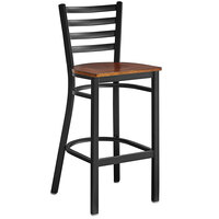 Lancaster Table & Seating Black Finish Ladder Back Bar Stool with Antique Walnut Wood Seat