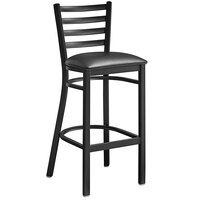 Lancaster Table & Seating Black Finish Ladder Back Bar Stool with 2 1/2" Black Vinyl Padded Seat - Assembled