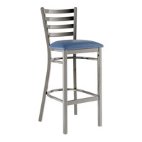 Lancaster Table & Seating Clear Coat Finish Ladder Back Bar Stool with 2 1/2" Navy Blue Vinyl Padded Seat - Assembled