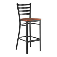 Lancaster Table & Seating Black Finish Ladder Back Bar Stool with Antique Walnut Wood Seat - Assembled