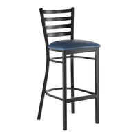 Lancaster Table & Seating Black Finish Ladder Back Bar Stool with 2 1/2" Navy Blue Vinyl Padded Seat