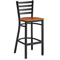 Lancaster Table & Seating Black Finish Ladder Back Bar Stool with Cherry Wood Seat - Detached Seat