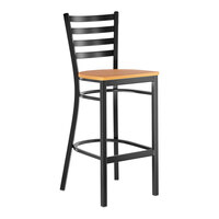 Lancaster Table & Seating Black Finish Ladder Back Bar Stool with Natural Wood Seat - Assembled