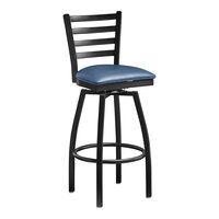 Lancaster Table & Seating Black Finish Ladder Back Swivel Bar Stool with 2 1/2" Navy Vinyl Padded Seat