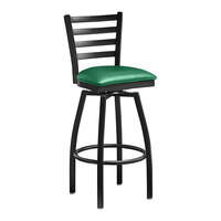 Lancaster Table & Seating Black Finish Ladder Back Swivel Bar Stool with 2 1/2" Green Vinyl Padded Seat