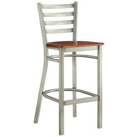 Lancaster Table & Seating Clear Coat Finish Ladder Back Bar Stool with Antique Walnut Wood Seat - Assembled