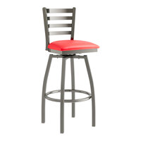 Lancaster Table & Seating Clear Coat Finish Ladder Back Swivel Bar Stool with 2 1/2" Red Vinyl Padded Seat