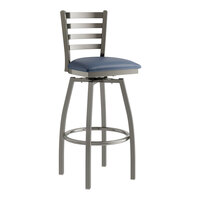Lancaster Table & Seating Clear Coat Finish Ladder Back Swivel Bar Stool with 2 1/2" Navy Vinyl Padded Seat