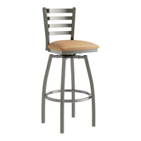 Lancaster Table & Seating Clear Coat Finish Ladder Back Swivel Bar Stool with 2 1/2" Light Brown Vinyl Padded Seat