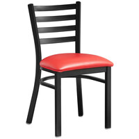 Lancaster Table & Seating Black Finish Ladder Back Chair with 2 1/2" Red Vinyl Padded Seat - Assembled