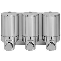 Dispenser Amenities 37344 Aviva 30 oz. Chrome 3-Chamber Wall Mounted Locking Shower Dispenser with Satin Silver Bottles