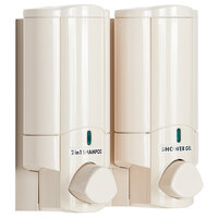 Dispenser Amenities 37270-SPBX Aviva 20 oz. Solid Vanilla 2-Chamber Wall Mounted Locking Shower Dispenser with Bottles and Soapbox Logo