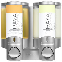 Dispenser Amenities 36234-PAYA Aviva 20 oz. Satin Silver 2-Chamber Wall Mounted Locking Soap Dispenser with Translucent Bottles and Paya Logo