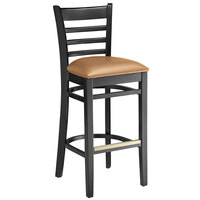 Lancaster Table & Seating Black Finish Wood Ladder Back Bar Stool with Light Brown Vinyl Seat