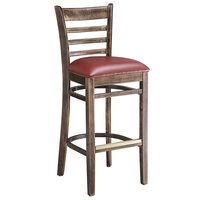 Lancaster Table & Seating Vintage Finish Wood Ladder Back Bar Stool with Burgundy Vinyl Seat