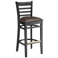 Lancaster Table & Seating Black Finish Wood Ladder Back Bar Stool with Dark Brown Vinyl Seat