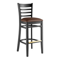 Lancaster Table & Seating Black Finish Wood Ladder Back Bar Stool with Dark Brown Vinyl Seat - Assembled