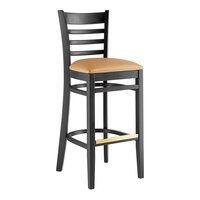 Lancaster Table & Seating Black Finish Wood Ladder Back Bar Stool with Light Brown Vinyl Seat - Assembled