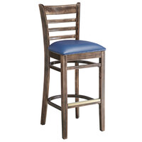 Lancaster Table & Seating Vintage Finish Wood Ladder Back Bar Stool with Navy Vinyl Seat