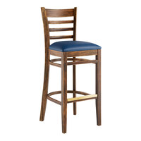 Lancaster Table & Seating Vintage Finish Wood Ladder Back Bar Stool with Navy Vinyl Seat