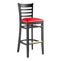 Lancaster Table & Seating Black Finish Wood Ladder Back Bar Stool with Red Vinyl Seat