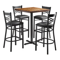 Lancaster Table & Seating 30" Square Bar Height Wood Butcher Block Table with 4 Black Cross Back Chairs - Vintage