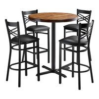 Lancaster Table & Seating 36" Round Bar Height Wood Butcher Block Table with 4 Black Cross Back Chairs - Vintage