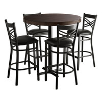 Lancaster Table & Seating 30" Round Bar Height Wood Butcher Block Table with 4 Cross Back Chairs - Espresso