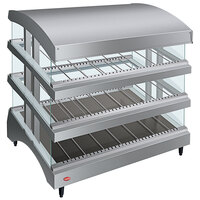 Hatco GR3SDS-33TCT Glossy Gray Glo-Ray 33" Slanted Triple Shelf Heated Glass Merchandising Warmer with Curved Top - 120/208-240V, 2723W