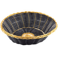 Tablecraft 875B 8" x 2" Round Black Polypropylene Basket with Metallic Gold Vinyl Trim - 12/Pack