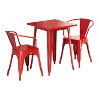 Lancaster Table & Seating Alloy Series 23 1/2" x 23 1/2" Ruby Red Standard Height Outdoor Table with 2 Arm Chairs