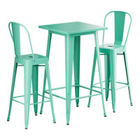 Lancaster Table & Seating Alloy Series 23 1/2" x 23 1/2" Aquamarine Bar Height Outdoor Table with 2 Cafe Barstools