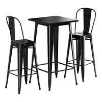 Lancaster Table & Seating Alloy Series 23 1/2" x 23 1/2" Onyx Black Bar Height Outdoor Table with 2 Cafe Barstools