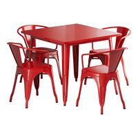 Lancaster Table & Seating Alloy Series 35 1/2" x 35 1/2" Ruby Red Standard Height Outdoor Table with 4 Arm Chairs