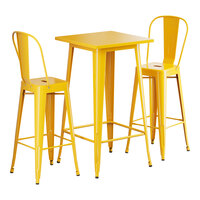 Lancaster Table & Seating Alloy Series 23 1/2" x 23 1/2" Citrine Yellow Bar Height Outdoor Table with 2 Cafe Barstools