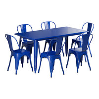 Lancaster Table & Seating Alloy Series 63" x 31 1/2" Blue Quartz Standard Height Outdoor Table with 6 Cafe Chairs