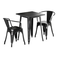 Lancaster Table & Seating Alloy Series 23 1/2" x 23 1/2" Distressed Onyx Black Standard Height Outdoor Table with 2 Arm Chairs