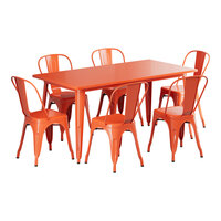 Lancaster Table & Seating Alloy Series 63" x 31 1/2" Amber Orange Standard Height Outdoor Table with 6 Cafe Chairs