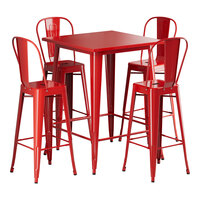 Lancaster Table & Seating Alloy Series 31 1/2" x 31 1/2" Ruby Red Bar Height Outdoor Table with 4 Cafe Barstools