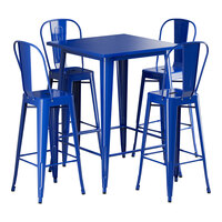 Lancaster Table & Seating Alloy Series 31 1/2" x 31 1/2" Blue Quartz Bar Height Outdoor Table with 4 Cafe Barstools